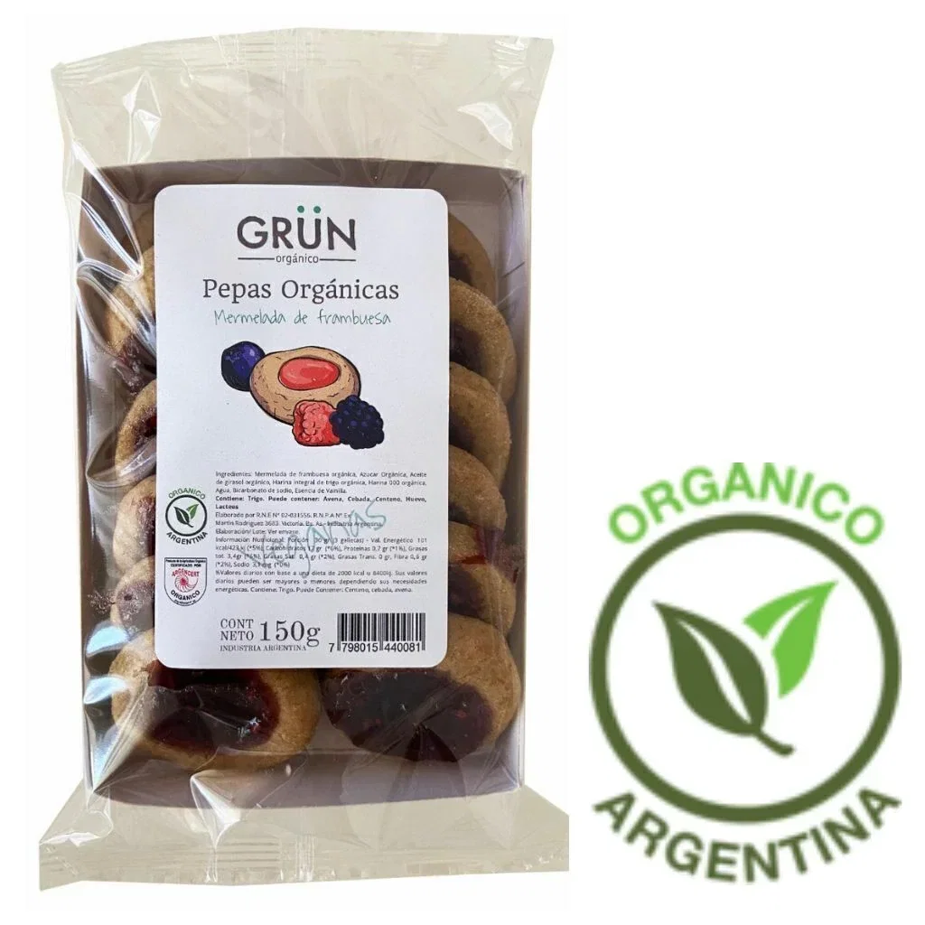 Pack x 4 Unidades de Pepas Integrales Orgánicas con Dulce de Frambuesa x 180 Gr. Grun