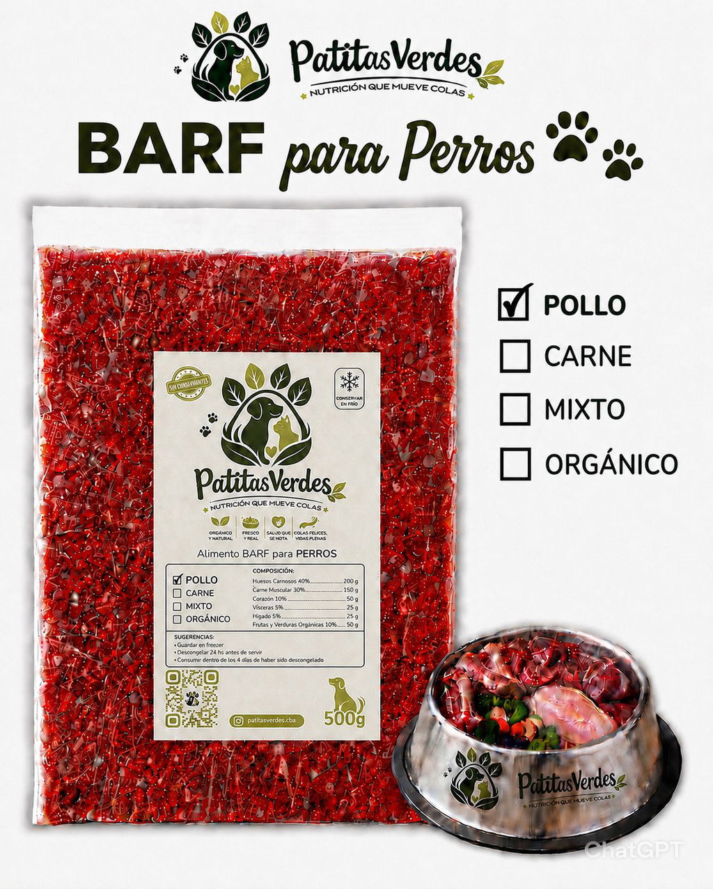 Alimento Natural Crudo para Perros x 1/2 Kg. Patitas Verdes (Sabor: Carne de Pollo) -Freezado-