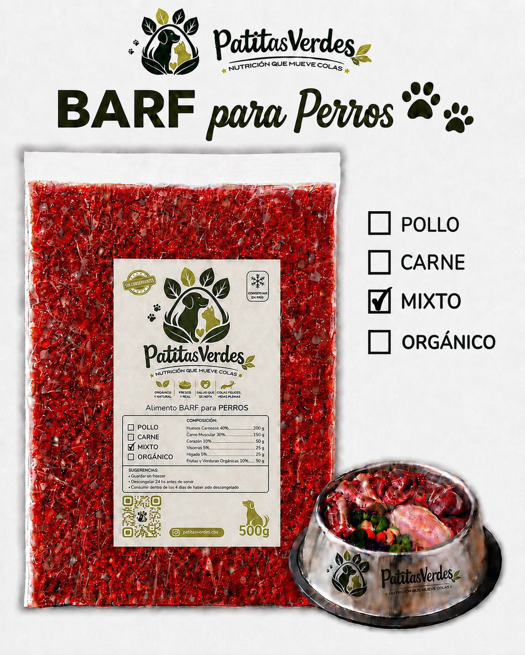 Alimento Natural Crudo para Perros x 1/2 Kg. Patitas Verdes (Sabor: Mix) -Freezado-