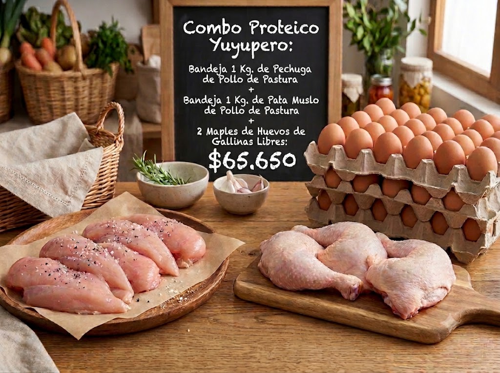 Combo Proteico Yuyupero (Incluye: Bandeja 1 Kg. Pechuga Deshuesada de Pollo + Bandeja 1 Kg. Pata Muslo de Pollo + 2 Maples de Huevos de Gallinas Libres)