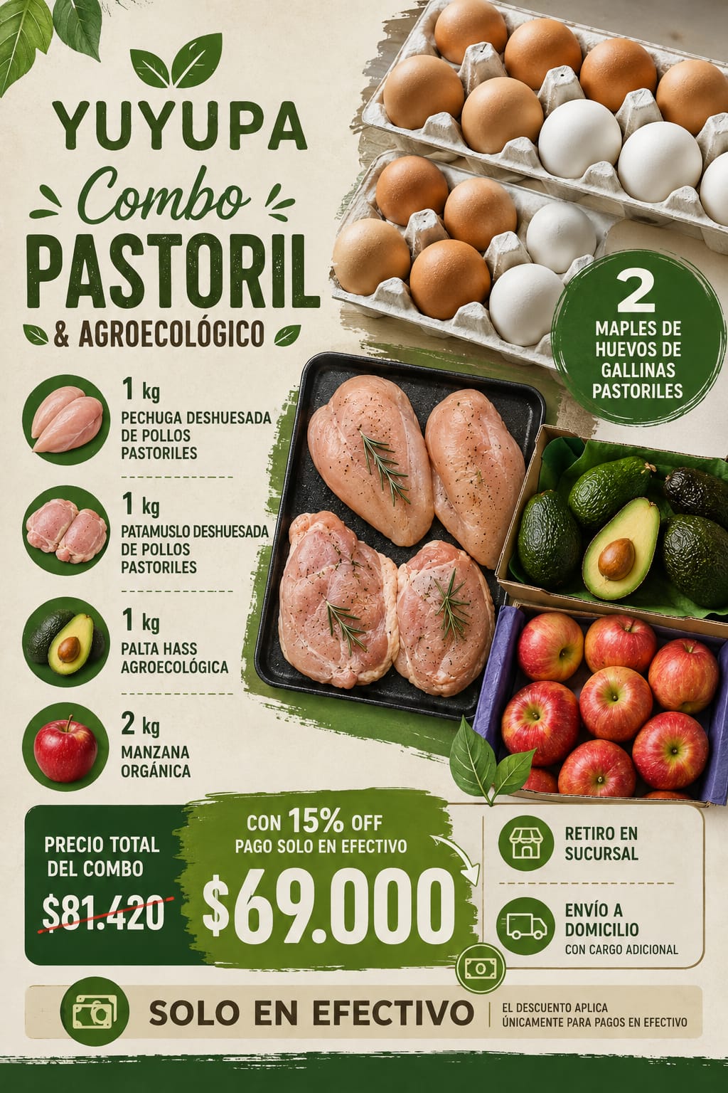Promo de la semana, 15% OFF en EFT, 2 MAPLES, 1 KG DE PECHUGA, 1 KG DE PATAMUSLO DESHUESADA, 1 KG DE PALTA Y 2 KG DE MANZANA